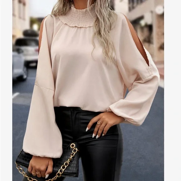 Elegant Smocked Mock Neck Cut Out Cold Shoulder Top Blouse Shirt - Picture 1 of 7
